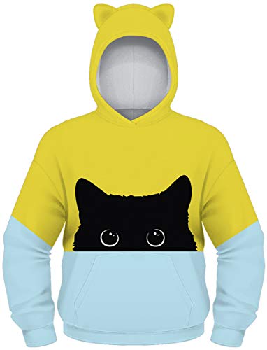 Ocean Plus Jungen Kapuzenpullover mit Katzenohren Langarmshirt mit Digitaldruck Kinder Tierdruck Sweatshirt Kätzchen Pullover (L (Körpergröße: 145-150cm), Kleine Schwarze Katze) von Ocean Plus