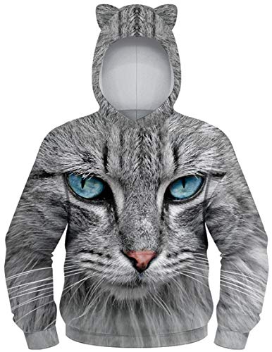 Ocean Plus Jungen Kapuzenpullover mit Katzenohren Langarmshirt mit Digitaldruck Kinder Tierdruck Sweatshirt Kätzchen Pullover (M (Körpergröße: 135-140cm), Blauäugige graue Katze) von Ocean Plus