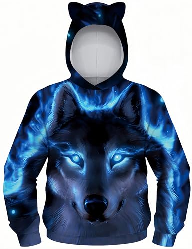 Ocean Plus Jungen Kapuzenpullover mit Katzenohren Langarmshirt mit Digitaldruck Kinder Tierdruck Sweatshirt Kätzchen Pullover (M (Körpergröße: 135-140cm), Blauäugiger schwarzer Wolf) von Ocean Plus