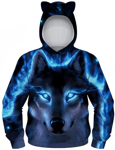 Ocean Plus Jungen Kapuzenpullover mit Katzenohren Langarmshirt mit Digitaldruck Kinder Tierdruck Sweatshirt Kätzchen Pullover (S (Körpergröße: 125-130cm), Blauäugiger schwarzer Wolf) von Ocean Plus