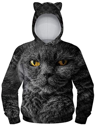 Ocean Plus Jungen Kapuzenpullover mit Katzenohren Langarmshirt mit Digitaldruck Kinder Tierdruck Sweatshirt Kätzchen Pullover (XS (Körpergröße: 115-120cm), Gelbäugige Schwarze Katze) von Ocean Plus