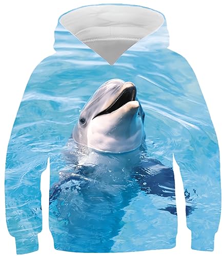 Ocean Plus Jungen Kinder Sweatshirt mit Langen Ärmeln Kapuzenpullover mit Druck Mädchen Spot Pullover (9-10 Jahre/135-145 cm, Delfin) von Ocean Plus