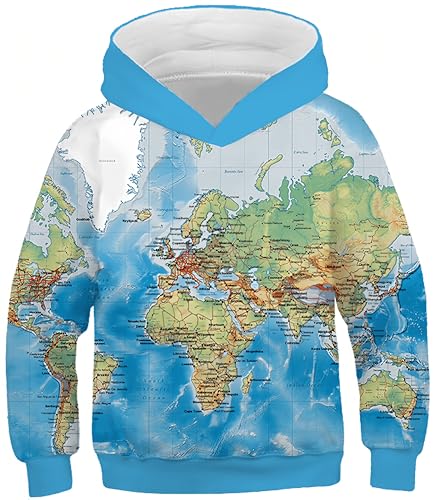 Ocean Plus Jungen Langarm Kapuzenpullover Kinder Digitaldruck Fußball Mädchen Sweatshirts mit Kapuzen (L (Körpergröße: 145-150cm), Blaue Weltkarte) von Ocean Plus