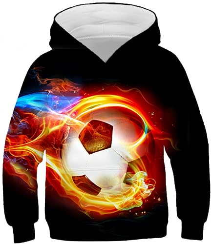 Ocean Plus Jungen Langarm Kapuzenpullover Kinder Digitaldruck Fußball Mädchen Sweatshirts mit Kapuzen (M (Körpergröße: 135-140cm), Flamme Fußball) von Ocean Plus