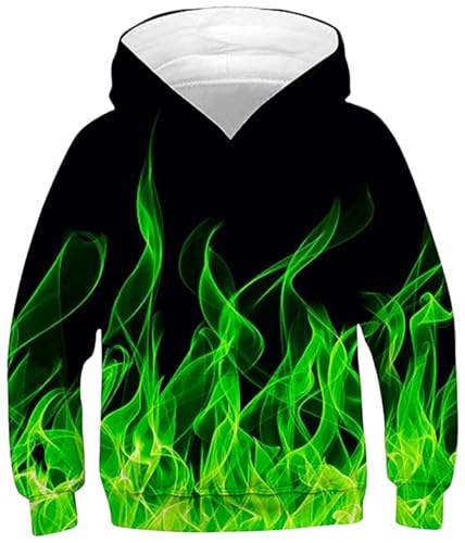 Ocean Plus Jungen Langarm Kapuzenpullover Kinder Digitaldruck Fußball Mädchen Sweatshirts mit Kapuzen (L (Körpergröße: 145-150cm), Grüne Flammen) von Ocean Plus