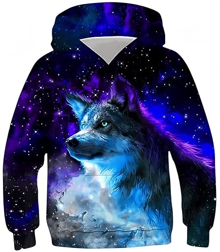 Ocean Plus Jungen Langarm Kapuzenpullover Kinder Digitaldruck Fußball Mädchen Sweatshirts mit Kapuzen (M (Körpergröße: 135-140cm), Galaktischer Wolf) von Ocean Plus