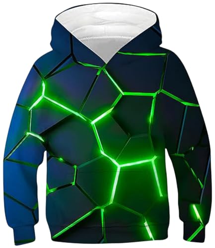 Ocean Plus Jungen Langarm Kapuzenpullover Kinder Digitaldruck Fußball Mädchen Sweatshirts mit Kapuzen (S (Körpergröße: 125-130cm), Grüne Risse) von Ocean Plus