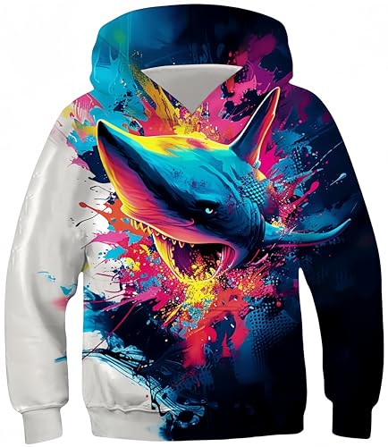 Ocean Plus Jungen Langarm Kapuzenpullover Mädchen Digitaldruck Hoodie Kinder Pulli Kinder Sweatshirts mit Kängurutaschen (M (Körpergröße: 135-140cm), Farbige Tinte Hai) von Ocean Plus