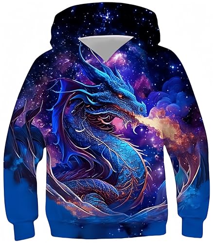 Ocean Plus Jungen Langarm Kapuzenpullover Mädchen Digitaldruck Hoodie Kinder Pulli Kinder Sweatshirts mit Kängurutaschen (S (Körpergröße: 125-130cm), Drache) von Ocean Plus