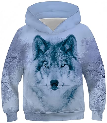 Ocean Plus Jungen Langarm Kapuzenpullover Mädchen Digitaldruck Hoodie Kinder Pulli Kinder Sweatshirts mit Kängurutaschen (XL (Körpergröße: 155-160cm), Weißer Wolf) von Ocean Plus