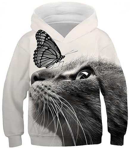 Ocean Plus Jungen Lange Ärmel Sweatshirt Tiere Digitaldruck Pulli mit Kapuzen Freizeit Sport Galaxie Kinder Kapuzenpullover (L (Körpergröße: 145-150cm), Schmetterling graue Katze) von Ocean Plus