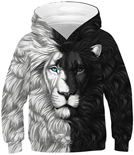 Ocean Plus Jungen Lange Ärmel Sweatshirt Tiere Digitaldruck Pulli mit Kapuzen Freizeit Sport Galaxie Kinder Kapuzenpullover (L (Körpergröße: 145-150cm), Schwarzweiß Löwe) von Ocean Plus