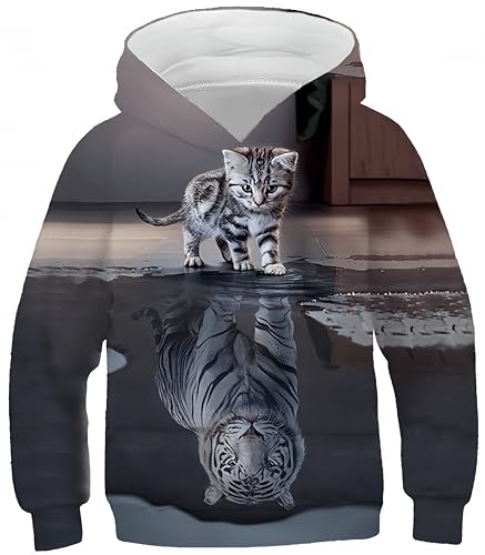 Ocean Plus Jungen Lange Ärmel Sweatshirt Tiere Digitaldruck Pulli mit Kapuzen Freizeit Sport Galaxie Kinder Kapuzenpullover (S (Körpergröße: 125-130cm), Tiger Katze) von Ocean Plus