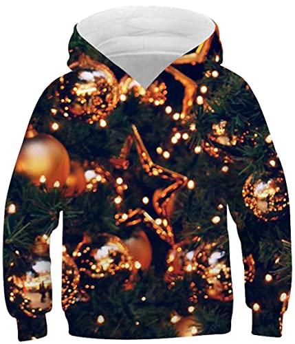 Ocean Plus Jungen Lange Ärmel Sweatshirt Tiere Digitaldruck Pulli mit Kapuzen Freizeit Sport Galaxie Kinder Kapuzenpullover (XL (Körpergröße: 155-160cm), Goldener Weihnachtsbaum) von Ocean Plus