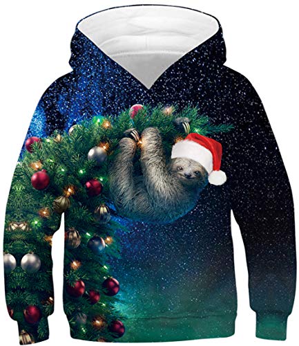 Ocean Plus Jungen Lange Ärmel Sweatshirt Tiere Digitaldruck Pulli mit Kapuzen Freizeit Sport Galaxie Kinder Kapuzenpullover (XL (Körpergröße: 155-160cm), Weihnachtsbaum Faultier) von Ocean Plus