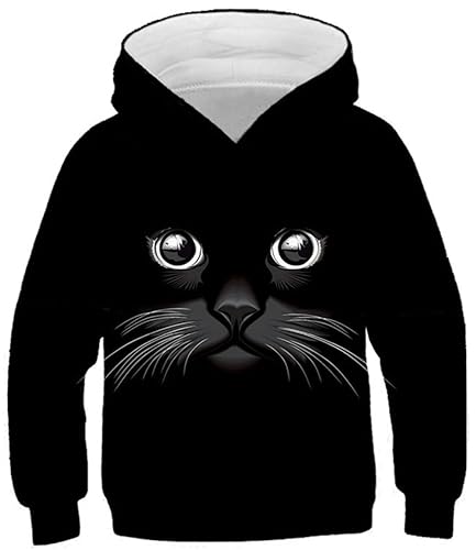 Ocean Plus Jungen Lange Ärmel Sweatshirt Tiere Digitaldruck Pulli mit Kapuzen Freizeit Sport Galaxie Kinder Kapuzenpullover (XS (Körpergröße: 115-120cm), Schwarze Katze) von Ocean Plus