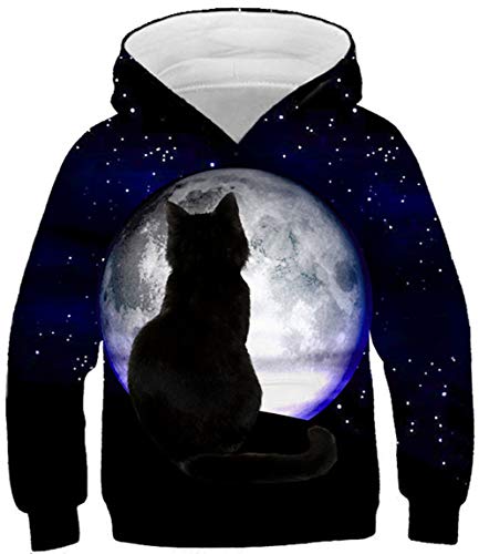 Ocean Plus Jungen Sweatshirt Kätzchen Kapuzenpullover Galaxis Hoodie Kinder Kapuzenpulli mit Kapuzen (L (Körpergröße: 145-150cm), Katze unter dem Mond) von Ocean Plus