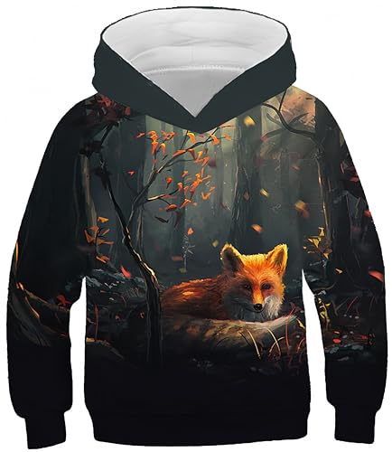 Ocean Plus Junge Tierdruck Kätzchen Sweatshirts mit Kapuze Universum Galaxie Sweatshirts Mädchen Wolf Kapuzenpullover (S (Körpergröße: 125-130cm), Wald und Rotfuchs) von Ocean Plus