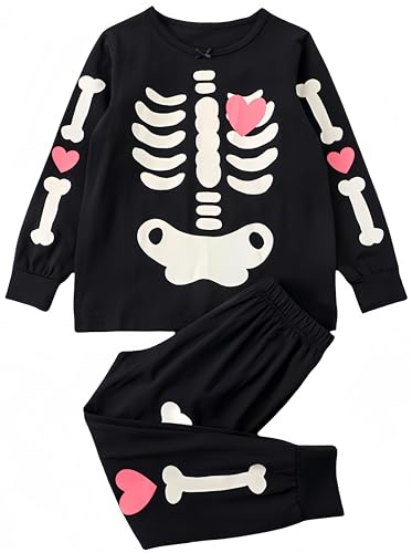 Ocean Plus Kinder Halloween Druck Hemd Kürbis Pyjama Zweiteiliges Pyjama-Set für Jungen und Mädchen Leuchtende Pyjamas Anzug Heimkleidung (110 (Geeignet für 4-5 Jahre alt), Rosa herzförmiges Skelett) von Ocean Plus