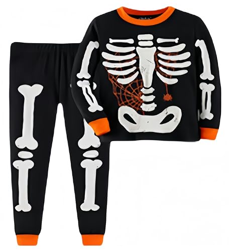 Ocean Plus Kinder Halloween Druck Hemd Kürbis Pyjama Zweiteiliges Pyjama-Set für Jungen und Mädchen Leuchtende Pyjamas Anzug Heimkleidung (110 (Geeignet für 4-5 Jahre alt), Spinnennetzskelett) von Ocean Plus