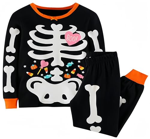 Ocean Plus Kinder Halloween Druck Hemd Kürbis Pyjama Zweiteiliges Pyjama-Set für Jungen und Mädchen Leuchtende Pyjamas Anzug Heimkleidung (110 (Geeignet für 4-5 Jahre alt), Süßigkeiten Skelett) von Ocean Plus