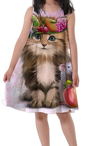 Ocean Plus Mädchen Ärmelloses Kleid Flamingo Digitaldruck Strandkleid (S (Referenzhöhe: 110cm), Haarige Katze) von Ocean Plus