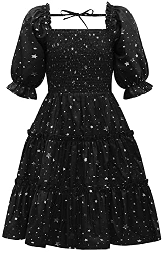 Ocean Plus Mädchen Blumen Digitaldruck Kurzarmkleid Plissiertes Sommerkleid mit Laternenärmeln und Eckigem Ausschnitt Prinzessin Kleid Rüschenrock (M (Höhe: 135-140 cm), Schwarzer Sternenhimmel) von Ocean Plus