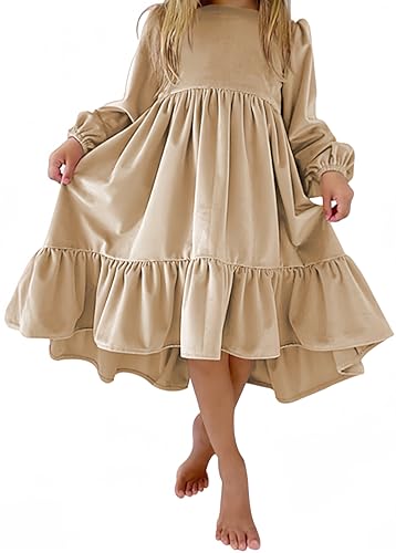 Ocean Plus Mädchen Herbst Langarm Swing Kleid Wildleder Party Rüschenkleid Kinder Prinzessin Kleid (L (145-150cm), Beige) von Ocean Plus