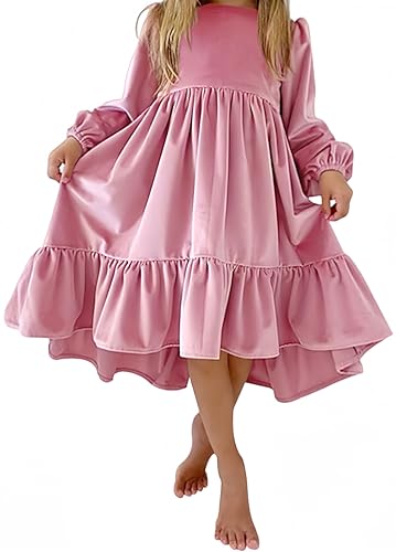 Ocean Plus Mädchen Herbst Langarm Swing Kleid Wildleder Party Rüschenkleid Kinder Prinzessin Kleid (M (135-140cm), Hellrosa) von Ocean Plus