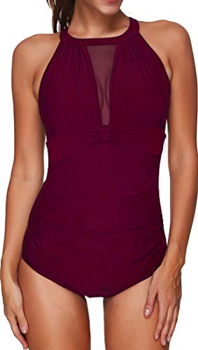 Ocean Plus Unifarben Hochgeschlossen Figurformender Mehrfarbiger Netzartiger Badeanzug Rückenfrei Mesh High Neck Netz One Piece (XXL (EU 42-44), Weinrot) von Ocean Plus