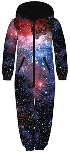 Ocean Plus Unisex Langarm Reißverschluss Kapuze Fleece Overall Jungen Digitaldruck Fleece Mädchen Einteiler mit Kapuzen Schlafoveralls (L (Körpergröße: 145-150 cm), Lila Sternenhimmel) von Ocean Plus
