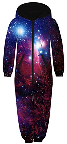 Ocean Plus Unisex Langarm Reißverschluss Kapuze Fleece Overall Jungen Digitaldruck Fleece Mädchen Einteiler mit Kapuzen Schlafoveralls (M (Körpergröße: 135-140 cm), Roter Sternenhimmel) von Ocean Plus