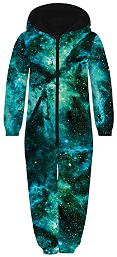 Ocean Plus Unisex Langarm Reißverschluss Kapuze Fleece Overall Jungen Digitaldruck Fleece Mädchen Einteiler mit Kapuzen Schlafoveralls (S (Körpergröße: 125-130 cm), Dunkelgrüne Galaxie) von Ocean Plus