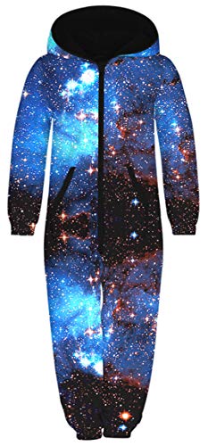 Ocean Plus Unisex Langarm Reißverschluss Kapuze Fleece Overall Jungen Digitaldruck Fleece Mädchen Einteiler mit Kapuzen Schlafoveralls (XL (Körpergröße: 155-160 cm), Blauer Sternenhimmel) von Ocean Plus