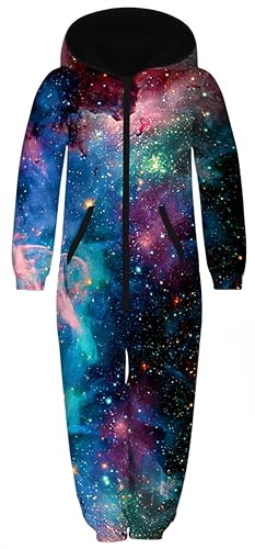 Ocean Plus Unisex Langarm Reißverschluss Kapuze Fleece Overall Jungen Digitaldruck Fleece Mädchen Einteiler mit Kapuzen Schlafoveralls (XL (Körpergröße: 155-160 cm), Bunter Sternenhimmel) von Ocean Plus