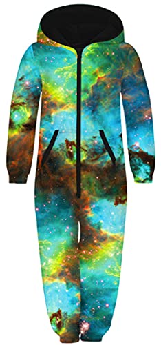 Ocean Plus Unisex Langarm Reißverschluss Kapuze Fleece Overall Jungen Digitaldruck Fleece Mädchen Einteiler mit Kapuzen Schlafoveralls (XL (Körpergröße: 155-160 cm), Grüne Galaxie) von Ocean Plus