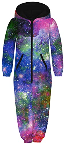 Ocean Plus Unisex Langarm Reißverschluss Kapuze Fleece Overall Jungen Digitaldruck Fleece Mädchen Einteiler mit Kapuzen Schlafoveralls (XL (Körpergröße: 155-160 cm), Grüne lila Galaxie) von Ocean Plus