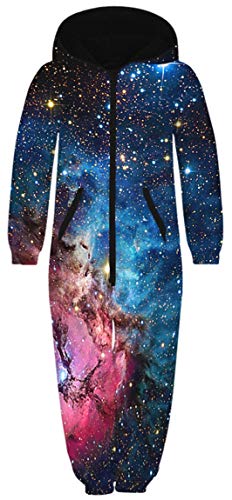 Ocean Plus Unisex Langarm Reißverschluss Kapuze Fleece Overall Jungen Digitaldruck Fleece Mädchen Einteiler mit Kapuzen Schlafoveralls (XL (Körpergröße: 155-160 cm), Roter und Blauer Sternenhimmel) von Ocean Plus