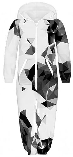 Ocean Plus Unisex Langarm Reißverschluss Kapuze Fleece Overall Jungen Digitaldruck Fleece Mädchen Einteiler mit Kapuzen Schlafoveralls (XL (Körpergröße: 155-160 cm), Schwarz Weiß Geometrie) von Ocean Plus
