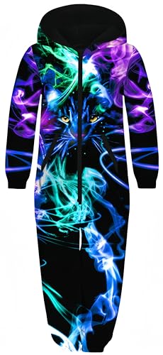 Ocean Plus Unisex Langarm Reißverschluss Kapuze Fleece Overall Jungen Digitaldruck Fleece Mädchen Einteiler mit Kapuzen Schlafoveralls (L (Körpergröße: 145-150 cm), Mehrfarbiger Rauch Tiger) von Ocean Plus