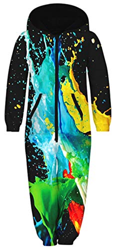 Ocean Plus Unisex Langarm Reißverschluss Kapuze Fleece Overall Jungen Digitaldruck Lose Fleece Mädchen Einteiler mit Kapuzen Schlafoveralls Kinderhose (Körpergröße: 125-130cm, Bunte Tinte) von Ocean Plus