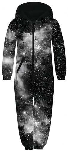 Ocean Plus Unisex Langarm Reißverschluss Kapuze Fleece Overall Jungen Digitaldruck Fleece Mädchen Einteiler mit Kapuzen Schlafoveralls (S (Körpergröße: 125-130 cm), Schwarze Galaxie) von Ocean Plus