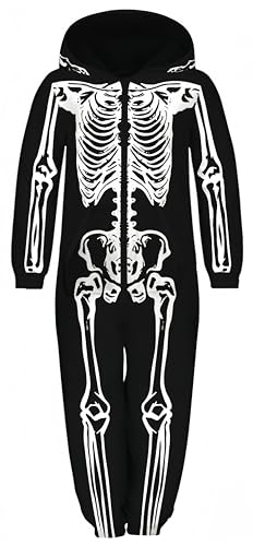 Ocean Plus Unisex Langarm Reißverschluss Kapuze Fleece Overall Jungen Digitaldruck Fleece Mädchen Einteiler mit Kapuzen Schlafoveralls (S (Körpergröße: 125-130 cm), Skelett) von Ocean Plus