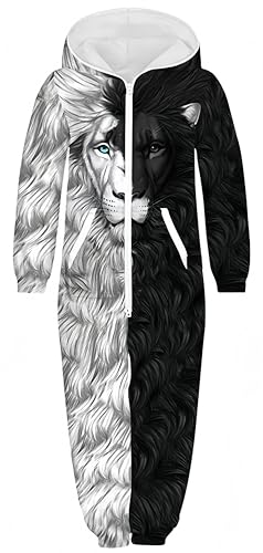 Ocean Plus Unisex Langarm Reißverschluss Kapuze Fleece Overall Jungen Digitaldruck Fleece Mädchen Einteiler mit Kapuzen Schlafoveralls (M (Körpergröße: 135-140 cm), Schwarz Weiß Löwe) von Ocean Plus