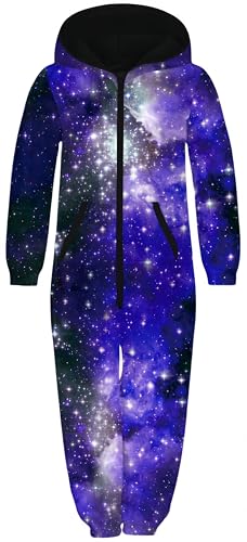 Ocean Plus Unisex Langarm Reißverschluss Kapuze Fleece Overall Jungen Digitaldruck Lose Fleece Mädchen Einteiler mit Kapuzen Schlafoveralls Kinderhose (Körpergröße: 135-140cm, Violette Galaxie) von Ocean Plus