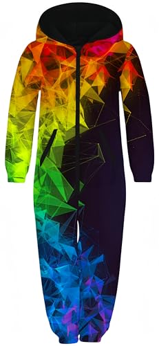 Ocean Plus Unisex Langarm Reißverschluss Kapuze Fleece Overall Jungen Digitaldruck Fleece Mädchen Einteiler mit Kapuzen Schlafoveralls (L (Körpergröße: 145-150 cm), Mehrfarbige Geometrie) von Ocean Plus