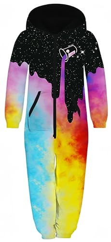 Ocean Plus Unisex Langarm Reißverschluss Kapuze Fleece Overall Jungen Digitaldruck Fleece Mädchen Einteiler mit Kapuzen Schlafoveralls (XL (Körpergröße: 155-160 cm), Farbige Milchbecher) von Ocean Plus