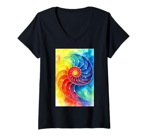 Damen Regenbogen-Nautilus-Spiral-Muschel-Aquarell-Kunstwerk T-Shirt mit V-Ausschnitt Damen Regenbogen-Nautilus-Spiral-Muschel-Aquarell-Kunstwerk T-Shirt mit V-Ausschnitt von Ocean Prism