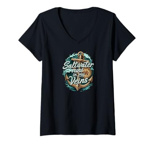 Damen Saltwater Runs In My Veins Anchor Ocean Nautical Design T-Shirt mit V-Ausschnitt Damen Saltwater Runs In My Veins Anchor Ocean Nautical Design T-Shirt mit V-Ausschnitt von Ocean Soul Marine Nautical Apparel