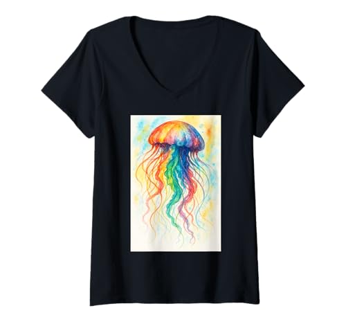 Damen Regenbogen-Aquarell-Quallen-Illustration T-Shirt mit V-Ausschnitt Damen Regenbogen-Aquarell-Quallen-Illustration T-Shirt mit V-Ausschnitt von Ocean Stars